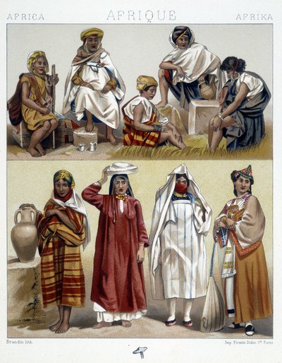 Algeria ja Tunisia, suosittuja pukuja - Racinetin teoksessa "Le costume historique". tekijältä Unknown artist