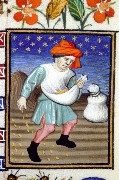Lokakuun allegorinen esitys. Viljaa kylvä talonpoika. Miniatyyri 1300-luvun käsikirjoituksesta. tekijältä Unknown artist