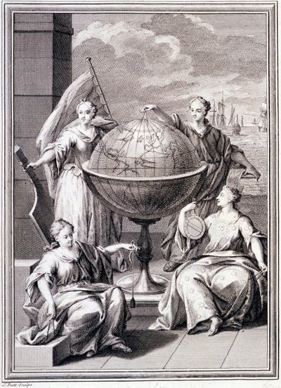 Maailmantutkimuksen allegoria - "Espanjan kuninkaan ritarikunnan tekemä Etelä-Amerikan historiallinen matka", Don Georges Juan ja Don Antoine de Ulloa, Librairie du Roi, Paris tekijältä Unknown artist