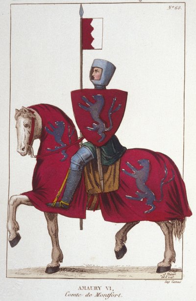 Amaury VI, Montfortin kreivi (v.1192-v. 1241), menetti osan isänsä Simon IV:n linnoituksen valloituksista ja luovutti oikeutensa etelään Ranskan kuninkaalle Louis VIII:lle. Kaiverrus vuodelta 1830. tekijältä Unknown artist