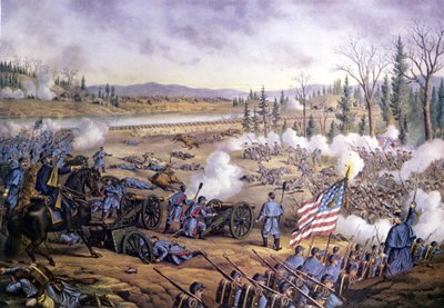 Amerikan sisällissota (1861 - 1865): Stones Riverin taistelu tai Murfreesboron toinen taistelu, Tennessee 31. joulukuuta 1862 - 2. tammikuuta 1863. Kaiverrus 1800-luvulta. tekijältä Unknown artist