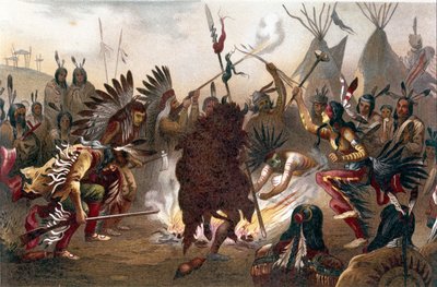 Amerikan intiaanirituaali (Etelä-Dakotan tasangon intiaanit): Sioux-sotatanssi. kromolitografia Ratzelin kirjasta "" Ihmiskunta", noin 1890 tekijältä Unknown artist