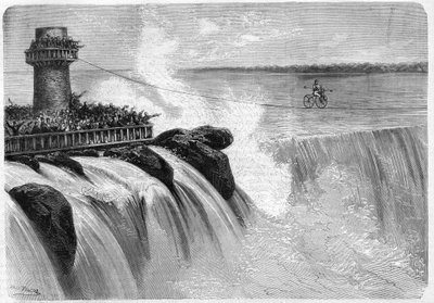Amerikkalainen Jenkins ylitti Niagaran putouksen Velocipedellä vuonna 1869. tekijältä Unknown artist