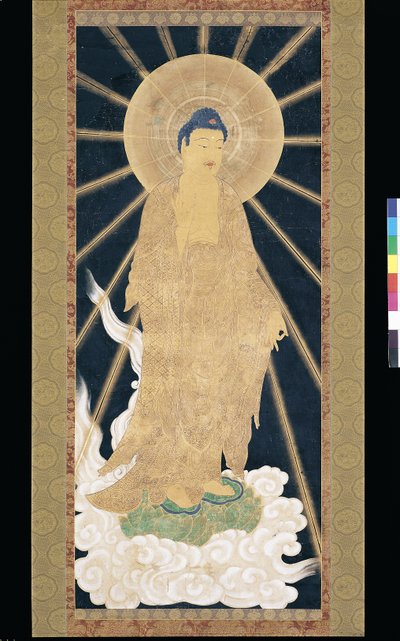 Amitabha (Amida) Triad Descending From Heaven (pigmentti konshilla (sininen riisipaperi)) tekijältä Unknown artist