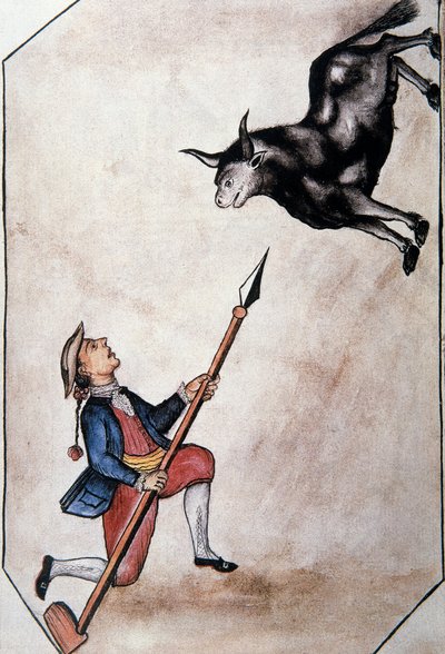 Intiaani, joka osoittaa keihästä härkää, kirjasta "Trujillo of Peru" tai "Codex Martinez Companion", kirjoittaneet Balthazar Martinez Companion ja Bujanda, Trujillon piispa (1782-1785) tekijältä Unknown artist