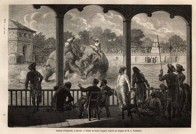 Norsutaistelu Barodassa (tai Vadodarassa), Gujaratin osavaltiossa Intian koillisrannikolla. Kaiverrus havainnollistamaan rajahien matkaa Intiassa, Louis Rousselet, 1864-1868, julkaistu "" Le tour du monde""" 1870-1871, toimittanut Edouard Charto tekijältä Unknown artist