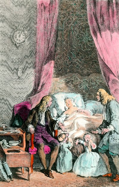 Tarkkailijalääkäri Sairas tai jo kuollut nainen on perheensä ja lääkärin ympäröimä. Lapset ovat kyynelissä. Kaiverrus noin 1780. Pariisi, lääketieteen akatemia tekijältä Unknown artist
