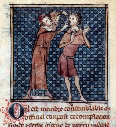 Anatominen hahmo: lääkäri tutkii potilaan silmää. Miniatyyri käsikirjoituksesta ”” Surgery” (Folio 17v), jonka on kirjoittanut Henri de Mondeville (anatomian professori Philippe Le Belin kirurgi) tekijältä Unknown artist