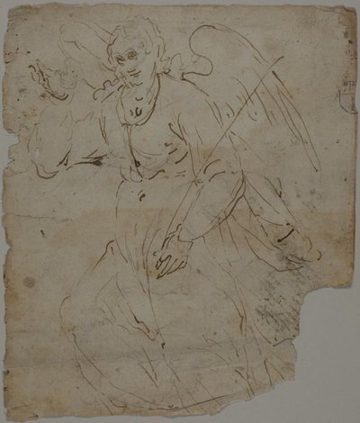 Ilmestysenkeli (etusivu); luonnoksia istuvasta hahmosta sekä Ilmestysenkelin yläosasta ja oikeasta kädestä (kääntöpuoli). tekijältä Unknown artist