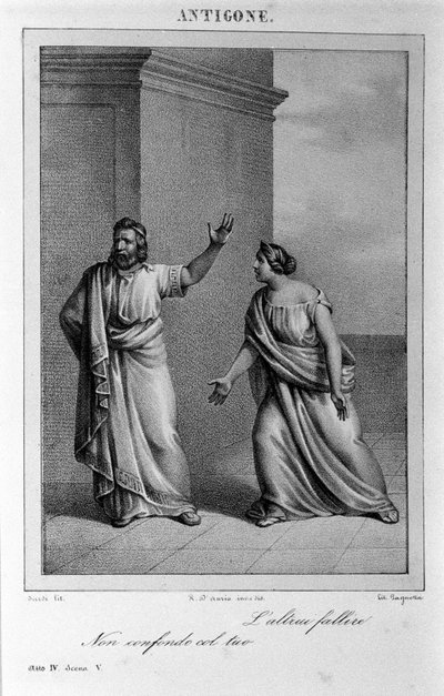 Antigone Act 4, kohtaus 5. Vittorio Alfierin italialainen tragedia, kirjoitettu vuonna 1783 kreikkalaisen mytologian mukaan. Kaiverrus 1700-luvulta. tekijältä Unknown artist