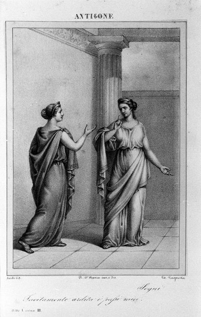 Antigone Act I, kohtaus 3. Vittorio Alfierin italialainen tragedia vuonna 1783 kreikkalaisen mytologian mukaan. Kaiverrus 1700-luvulta. tekijältä Unknown artist