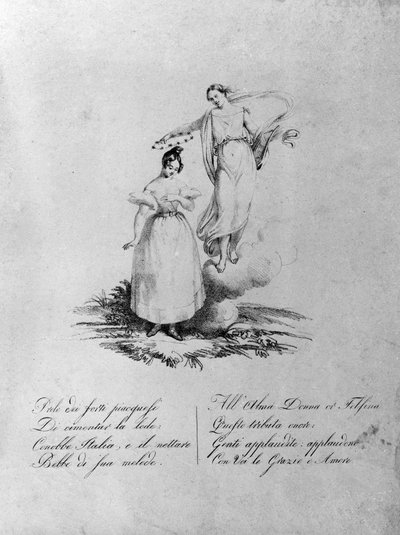 Maria Garcian apoteoosi kutsuttiin Malibraniksi (1808-1836) laulajaksi. Kaiverrus 1800-luvulta. . Milano. tekijältä Unknown artist