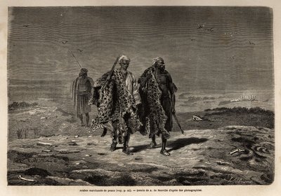 Arabbeduiinit, pantterinnahat ja lampaanvillakauppiaat matkalla Bagdadin (Irak) marssiin. Guillaume Lejeanin kaiverrus havainnollistamaan Babylonin matkaa vuonna 1866 "Le tour du monde, nouveau journal des voyages" -julkaisussa, joka julkaistiin dire tekijältä Unknown artist