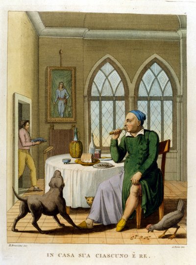 "Kotona jokainen on kuningas." Kuvitus 1700-luvun sananlaskujen kokoelmasta tekijältä Unknown artist