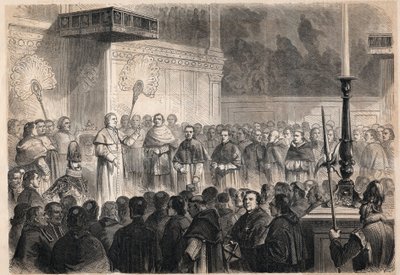 Paavi Pius IX (Pio) (1792-1878) ulkomaalaisille kirkollisille Sikstuksen kappelissa (cappella sistina) Roomassa 26 "Japanin marttyyrin", ristiinnaulitun katolisen ryhmän, kanonisointijuhlissa. Japanissa vuonna 1597 tekijältä Unknown artist