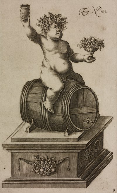 Bacchus tynnyrillä, mannekiini ilotulitteiden laukaisuun, kaiverrus teoksesta Grand Art d