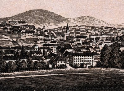 Baden Baden (Baden-Baden), Saksa: näkymä kaupunkiin (yleinen näkymä). kirjassa "" Maailma havainnollistaa 168 näkymää"" Päiväämätön (1800-luvun loppu) tekijältä Unknown artist