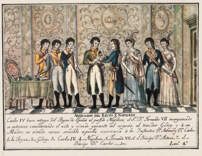 Bayonnen haastattelu vuonna 1808 Aranjuezin kapinan jälkeen, jolloin Espanjan kuningas Kaarle IV luopui kruunusta Napoleon I:lle ennen hänen poikaansa Ferdinand VII:tä (Fernando VII) tekijältä Unknown artist