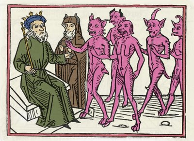 Belialin oikeudenkäynti: "Belial-demoni neljän muun demonin seurassa on tuomari Solomonin läsnä ollessa" "Kaiverrus Belialin oikeudenkäynnistä", kirjoittanut Jacobus de Teramo (tai Palladino), Ausburg tekijältä Unknown artist