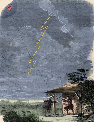 Benjamin Franklin, filosofi, fyysikko ja Yhdysvaltain suurlähettiläs, kokeilee leijaan kiinnitettyä salamanvarsiaan. syyskuuta 1752. tekijältä Unknown artist