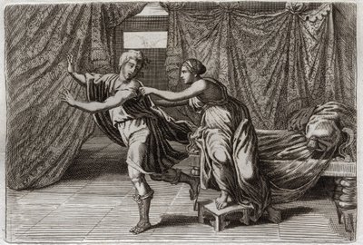 Royaumontin raamattu, Vanha testamentti: Joosefin siveys. Putifarin (Potifarin) vaimo pyysi Josephia ja laitettiin vankilaan. Kuvitus vuodelta 1811. tekijältä Unknown artist