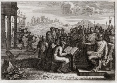 Royaumontin raamattu, Vanha testamentti: Piete of Josias. Juudan kuningas Josia palauttaa Jumalan palvonnan valtakuntaansa ja ohittaa kaikki edeltäjänsä kuninkaat. Kuvitus vuodelta 1811. tekijältä Unknown artist