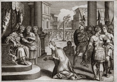 Royaumontin raamattu, Vanha testamentti: Amanin rangaistus. Assuerus I (Xerxes I) hirttää Amanin (Hamanin) hirsipuusta, jonka hän oli valmistanut Mardocheelle (tai Mordekhaille tai Mordekaille) ja peruuttaa kuolemanmuokkauksen, jonka hän oli julkaissut kok tekijältä Unknown artist