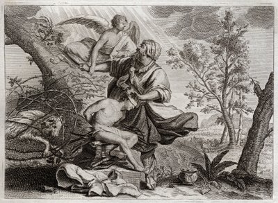 Royaumontin raamattu, Vanha testamentti: Abrahamin uhri. Enkeli pitää Abrahamia kädestä hänen poikansa Iisakin uhrin edessä. Vasemmalla uskovainen Abraham tappaa sen sijaan. Kuvitus vuodelta 1811. tekijältä Unknown artist