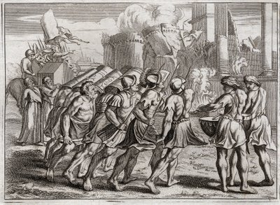 Royaumontin raamattu, Vanha testamentti: otettu Jerikosta. Jerikon muurit putoavat maahan Herran liitonarkkia edeltäneiden pappien trumpettien soidessa. Kuvitus vuodelta 1811. tekijältä Unknown artist