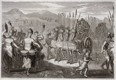 Royaumontin raamattu, Vanha testamentti: Daavidin voitto. Kun Daavid voitti jättiläisen Goljatin, Israelin naiset menivät hänen edellään kunnioittamaan hänen voittoaan ilonhuudon ja soittimien soinnolla. Kuvitus vuodelta 1811. tekijältä Unknown artist