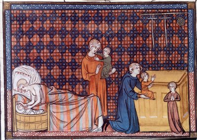 Ranskan kuninkaan Ludvig IX:n tai Saint Louisin (1214-1270) syntymä ja koulutus. Miniatyyri William of Saint Pathusin käsikirjoituksesta "Saint Louisin elämä ja ihmeet". tekijältä Unknown artist