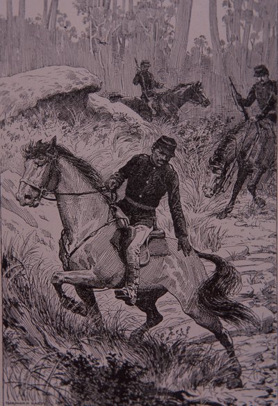 Mustat jäljittäjät jahtaavat bushrangeja Australiassa (kaiverrus) tekijältä Unknown artist