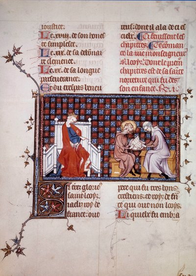 Blanche de Castille, Ranskan kuningatar (1188-1252), ohjasi poikansa Ludvig IX:n (1214-1270) koulutusta (Saint Louisin miniatyyri William of Saint Pathusin käsikirjoituksesta "Saint Louisin elämä ja ihmeet". 1320. Pariisi , B.N. tekijältä Unknown artist
