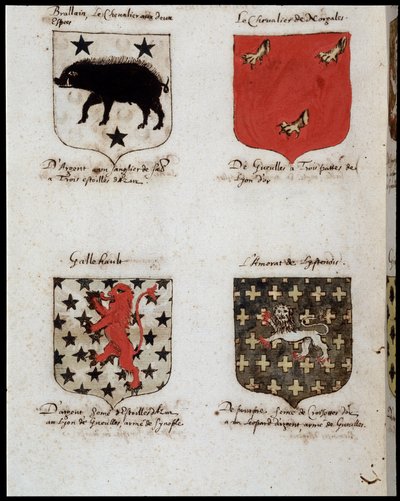 Blazons of Knights of the Round Table: 1. Brallain, ritari kahdella keinulla, 2. Norgalesin ritari, 3. Gallehault, 4. Lystenoisin amoraatti. sd. 1800-luvulla. tekijältä Unknown artist