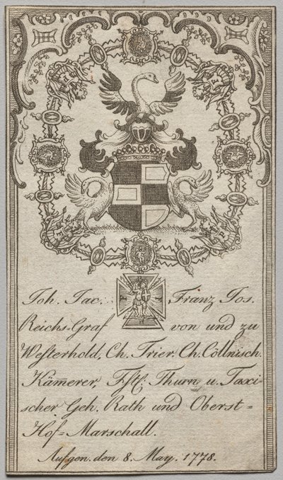 Kirjakilpi: Johan. jac Franz Joseph, Westerholdin keisarillinen kreivi tekijältä Unknown artist