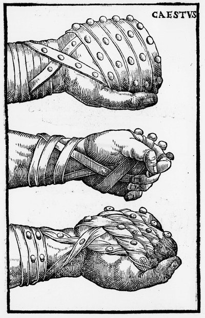 Nyrkkeilyhanskat - "Hieronymi Mercurialis de Arte Gymnastica", Venetsian painos tekijältä Unknown artist