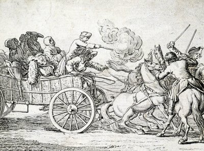 Prikaat hyökkäävät kärryn matkustajien kimppuun. 1700-luvun anonyymin kaiverrus. tekijältä Unknown artist