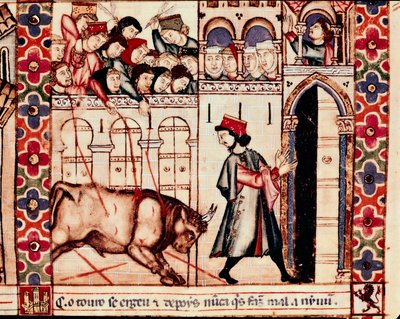 Härkätaistelut: härkä tappaa areenalla perinteisten Plasenzan (Plasencia) juhlien aikana Espanjassa, laulu 144. Pienoiskuva Pyhän Marian hymnistä tekijältä Unknown artist