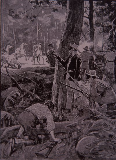 Bushrangers, australialaiset lainsuojattomat, ryöstävät kultasaattajan (kaiverrus) tekijältä Unknown artist