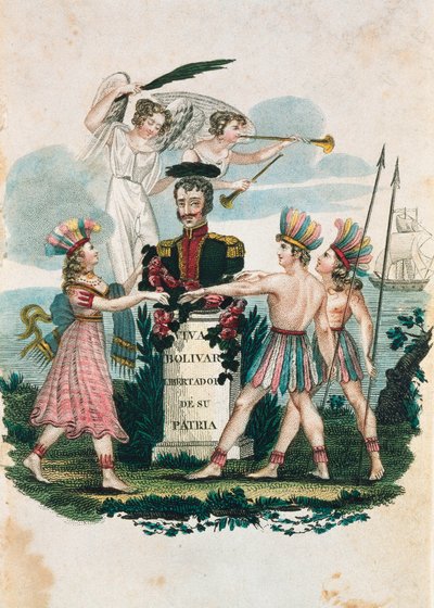 Venezuelan sotilassankarin ja poliitikon Simon Bolivarin rintakuva (värikaiverrus) tekijältä Unknown artist