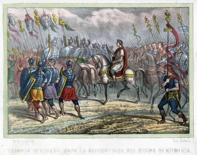 Caesarin seurue Numidian kuningaskunnan tuhon jälkeen - Leon Galibertin "muinaisessa ja nykyaikaisessa Algeriassa". Italialainen painos 1846 värissä. tekijältä Unknown artist