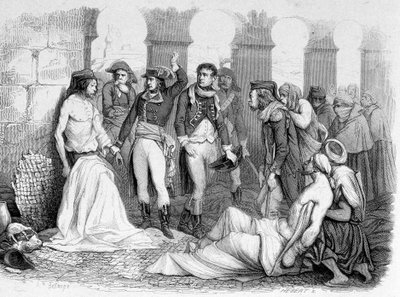 Egyptin kampanja (retkikunta) (1798-1801): Kenraali Bonaparte vierailee tuholaissairaalassa Jaffassa, Egyptissä. Kaiverrus 1800-luku. tekijältä Unknown artist