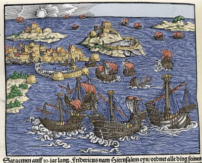 Saraseeniarmeijat valtasivat Jerusalemin helmikuussa 638. Johann Stumpffin teoksessa "Den Noble Strict Best Fromen"" tekijältä Unknown artist