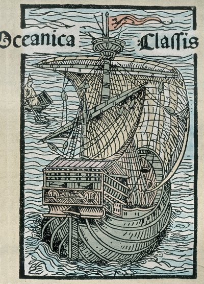 Caravelle "La Pinta" Christopher Columbuksen tutkimusmatkalta (värikaiverrus) tekijältä Unknown artist