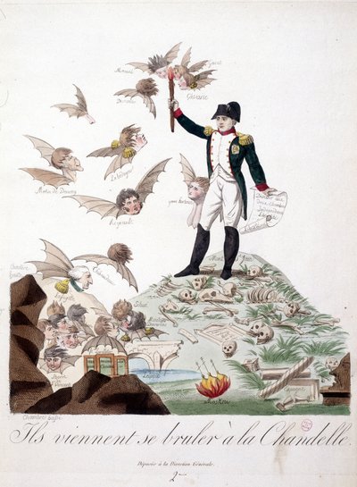 Sarjakuva Napoleonista I, jonka kuvasin luurankojen peittämälle kukkulalle pitelemässä kynttilää, joka polttaa lepakkohahmojen (Merlin de douai, Regnault...) siivet. - Napoleon I:ssä, karikatyyrejä, nuken kokoelma. 1814 - 1815. B.H.V.P. tekijältä Unknown artist