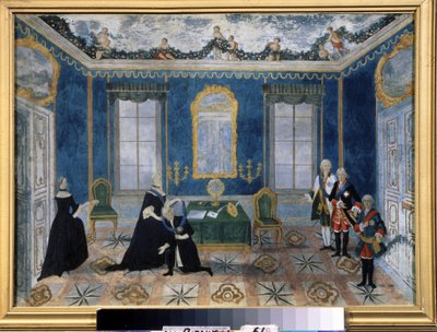Venäjän Katariina II (1729-1796) kutsui liittokansleri Aleksei Bestoujev Riouminen (1693-1768) oikeuteen. Anonyymi maalaus 1700-luvulta, öljy kankaalle, toinen kk tekijältä Unknown artist