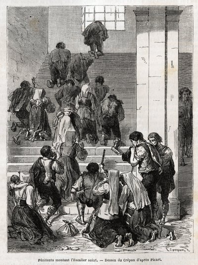 Katoliset katuvaiset nousemassa pyhää portaikkoa pitkin Roomaan. Kaiverrus havainnollistamaan Ludovic Cellerin tarinaa; pyhä viikko Roomassa tekijältä Unknown artist