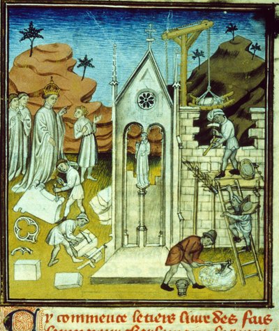 Kaarle Suuri vierailemassa katedraalin rakennustyömaalla - Keskiajan käsikirjoituksen valaistus "Saint-Denis