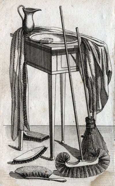 Puhdistus- ja puhdistustarvikkeet: saippua, pesuallas, luuta ja harjat. Kaiverrus 1700-luvulta. Yksityinen kokoelma. tekijältä Unknown artist