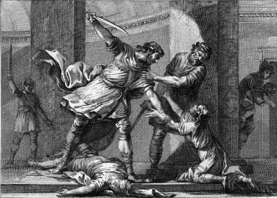 Clotaire (Clothaire) I (v.497-561) ja Childebert I, frankkien kuninkaat, murhasivat veljensä Clodomirin (495-524) kaksi poikaa. Kaiverrus 1700-luvulta. tekijältä Unknown artist
